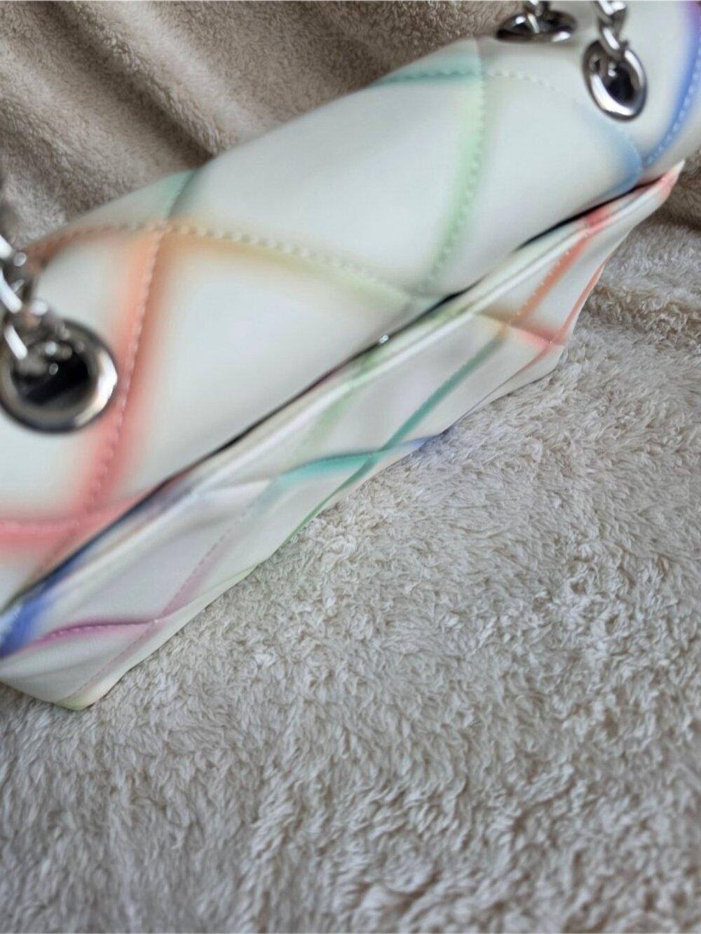 Multicolor Quilted Crossbody Bag White Pastel Rainbow Flap Bag Faux Leather - Picture 4 of 15